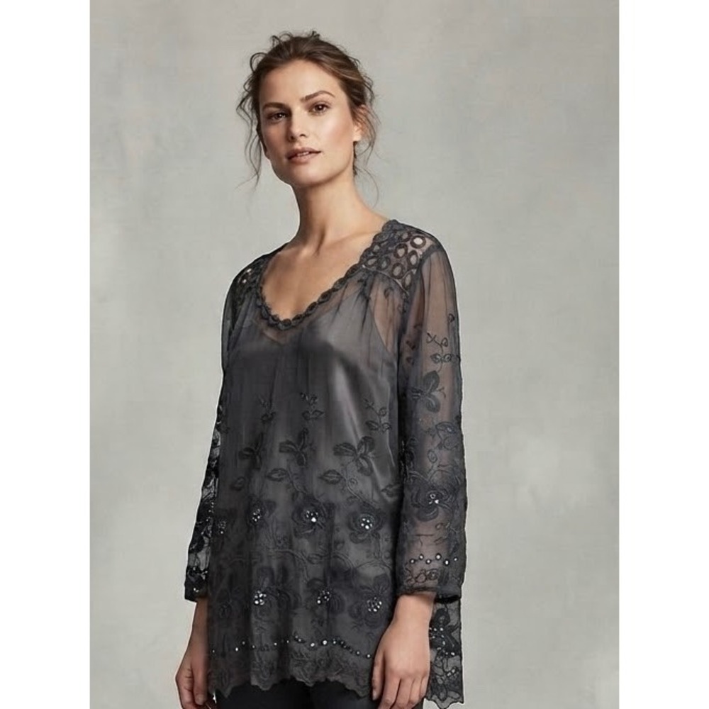 Johnny Was For Love & Liberty Silk Sheer Embroidered Tunic Sz Small Whimsygoth